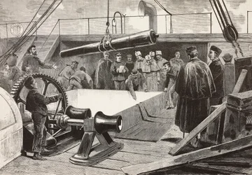Italian sailors and officers setting ship Gottardo, Italian expedition in Red Sea, Palermo, Italy, engraving from drawing by Quinto Cenni and sketch by Dante Paolocci, from L