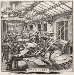 Printing house in Fratelli Treves publishing house, Milan, Italy, engraving from L