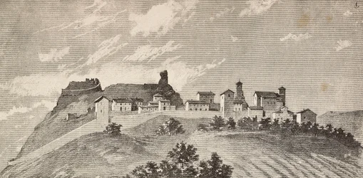The town of San Giovanni in Galilea, Italy, engraving from a drawing by Quinto Cenni and a sketch by Ulisse Topi, from L