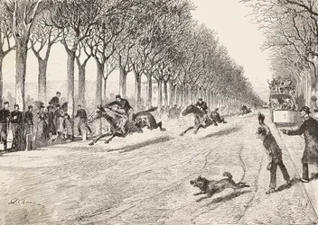 Three resistance officers participating in horse race, Third Savoy regiment, between Milan and Monza, Italy, engraving from drawing by Quinto Cena, from L