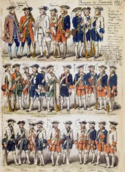 Uniforms of troops of the Kingdom of Piedmont in 1744, plate taken from the Cenni Codex, a collection of military sketches drawn by Quinto Cenni (1845-1917)