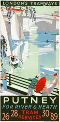 Putney, for River and Heath, London County Council LCC Tramways Poster