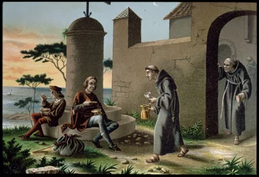 The Arrival of Christopher Columbus with his Son at the Monastery of la Rabida, from The Discovery of America, published in Barcelona in 1878