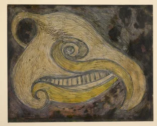 A zoomorphic head, combining suggestions of a sheep’s skull with a bony beak