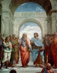 Aristotle and Plato: detail from the School of Athens in the Stanza della Segnatura, 1510-11, fresco detail 472
