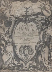Frontispiece with Two Figures Holding Scrolls and Cherubs Flanking the Cartouche at Center