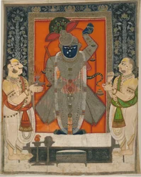 Priests Worshipping Krishna as Shrinathji for Mountain of Food Festival (Annakuta Utsava); Shrine Hanging (Pichhavai)