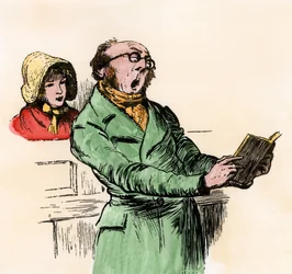 Everyday life, England: Anglican faithful singing at Christmas, in a book of hymns, in a temple, circa 1800