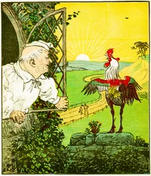 This is the rooster that crowed in the morn, that woke the judge all shaven and shorn, illustration from The House that Jack Built
