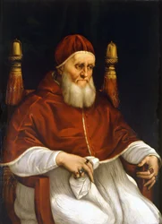 Portrait of Pope Julius II (1503-1513). Painting by Raphael (Raffaello Sanzio). Florence, Uffizi Museum.