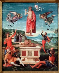 The Resurrection (The Resurrection of Christ). Jesus Christ holds a staff cross, at the end of which flies a white flag with a red cross. 1501-1502. Dimensions 52x44 cm. São Paulo, Museu de Arte