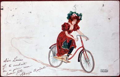 Postcard of a woman on a bike - illustration by R. Kirchner, c.1900