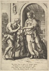 Alms-giving: A Woman with Pearl Headdress and Halo Hands Bread to Two Male Beggars