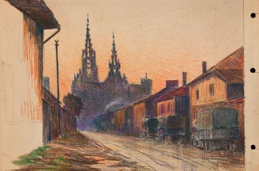 Military trucks on a street in a town in eastern France, c1914-18