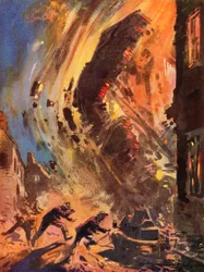 Firemen of the wartime British National Fire Service running from a collapsing building during the Blitz, World War II