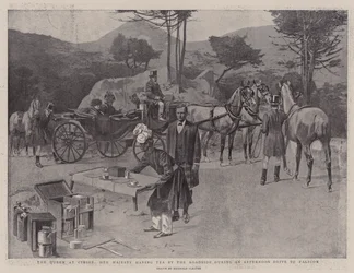 The Queen at Cimiez, Her Majesty having Tea by the Roadside during an Afternoon Drive to Falicon