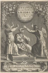 Minerva and Two Chained Figures (Title Page for: A. Thysius, Justinus cum notis selectissimis variorum Berneggerj, Bongarsy, Vossy, Thysy, &c, 1659)