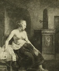 A Woman Sitting Half-Dressed Beside a Stove