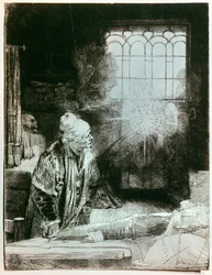 Dr. Faust in his workshop. Copper engraving. The luminous disc that appears in front of the window copies the inscription of a metal amulet that has been found, whose elusive meaning would have fascinated Rembrandt