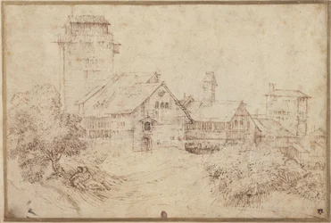 Landscape with buildings and lovers, embracing, after Titian