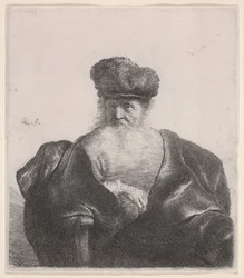 Old Man with Flowing Beard, Fur Cap and Velvet Cloak (etching)