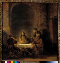 The Pilgrims of Emmaus. Christ Appears to the Pilgrims Sitting at a Table in an Inn in Emmaus. Painting by Harmensz van Rijn, called Rembrandt (1606-1669), 1648. 0.68 x 0.65 m - Pilgrims at Emmaus, also called The Supper at Emmaus. Christ Appearing to