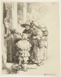A Blind Hurdy-Gurdy Player and Family Receiving Alms