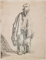 Beggar in a High Cap Leaning on a Stick