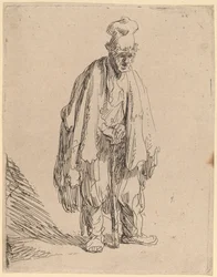 Beggar in a High Cap, Standing and Leaning on a Stick