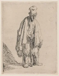 Beggar in a High Cap, Standing and Leaning on a Stick