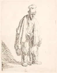 Beggar in a High Cap, Standing and Leaning on a Stick