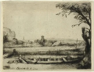 Canal with a Large Boat and a Bridge