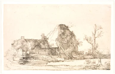 Cottage and Farm Buildings with a Man Sketching