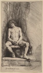 Nude Man Seated Before a Curtain