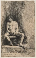 Nude Youth Seated before a Curtain