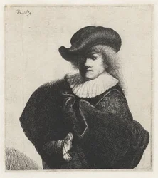 Self-portrait in a soft hat and embroidered cloak