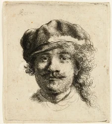 Self-portrait wearing a soft cap: full face, head only