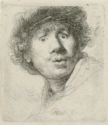Self-portrait with beret and wide-eyed