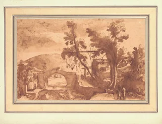 A Mountainous Landscape with a Bridge Over a River, Figures on a Road by a Farmstead to the Right