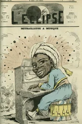 Machine gun with music, cartoon by Jules Renard Draner (1833-1926), specialist in military life among all nationalities. Cover in "L
