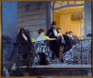Belle Époque: “The Balcony”. Social evening, a man masturbates the hostess by hand. 1900. H. 1.86 x 1.56 m. Caen, Musée des Beaux-Arts