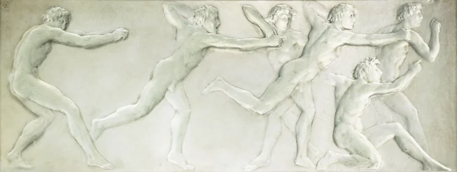A molded glass figural panel depicting six nude male athletes