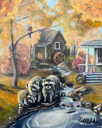Raccoons in Autumn Stream