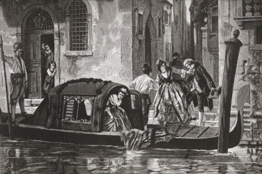 Passengers Alighting from a Gondola on the Grand Canal, Venice, Italy in the Late 19th Century