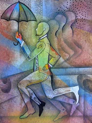 Dynamic Man Running with Umbrella