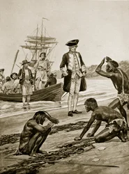 Captain Cook landing in Tasmania, 1777, illustration from 