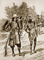 Dampier examining a boomerang in Australia, illustration from 