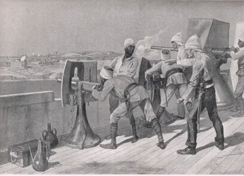 On the Way Up the Nile: Firing at the Dervishes (Illustration from British Battles on Land and Sea, 1915)