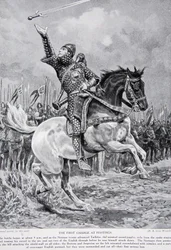 The first charge at Hastings: Taillefer the minstrel sword-juggler rode from the ranks singing and tossing his sword in the air, 1066, illustration from 