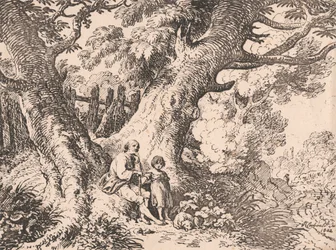 Old Trees with Old Man, Child and Dog